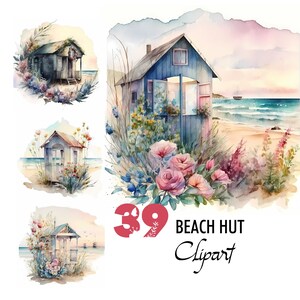 Beach Hut Cabin Illustration Watercolor Clipart Graphic JPG Scrapbooking Junk Journal Digital Crafting Paper Pages Printable Download File