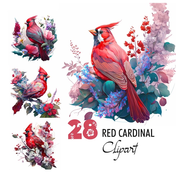 Red Cardinal Clipart Digital Illustration Northern Bird Paper Crafting Collage Images Junk Journaling Scrapbook Painting Art Prints Download