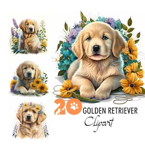 Golden Retriever Puppy Clipart Goldie Pet Dog Digitale afbeelding Papier Crafting Collage Image Junk Journaling Scrapbook Painting Art Print