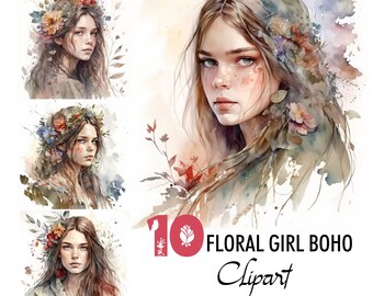 10 Floral Girl Boho Clipart Watercolor Illustration Floral Digital Image Printable Download Scrapbook Junk Journal Paper Pages Crafting Card