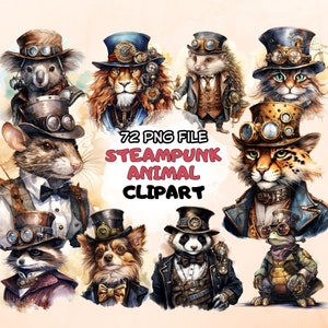 Steampunk Animales Acuarela Clipart Paquete Paquete Victoriano Fantasía Animal Clip Art PNG Animal Ephemera Fussy Cut Junk Journal Descargar
