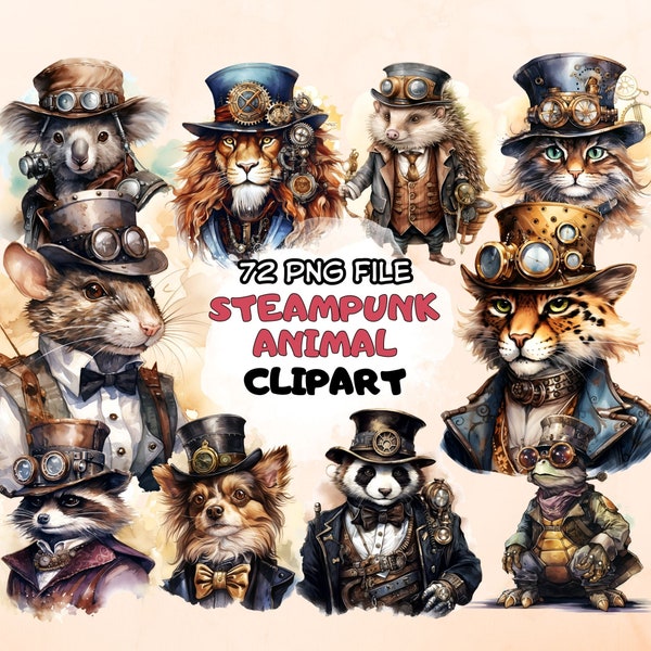 Steampunk Animals Watercolor Clipart Bundle Pack Victorian Fantasy Animal Clip Art PNG Animal Ephemera Fussy Cut Junk Journal Download