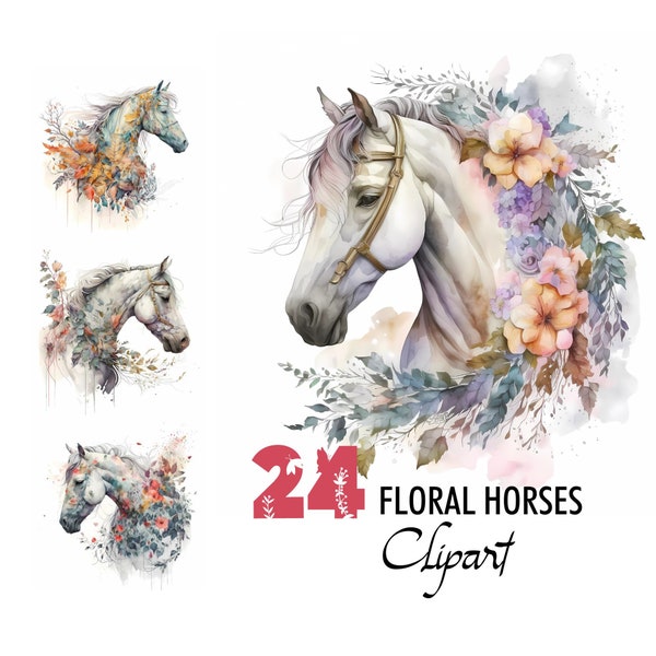 Floral Horse Watercolor Clipart Foal Pony Colt Filly Mare Yearling Digital Illustration Paper Crafting Collage Image Junk Journal Scrapbook