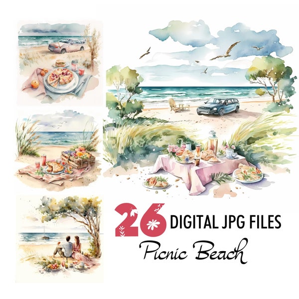 26 Picnic Beach Illustration Watercolor Clipart Graphic JPG Scrapbooking Junk Journal Digital Crafting Paper Pages Printable Download File