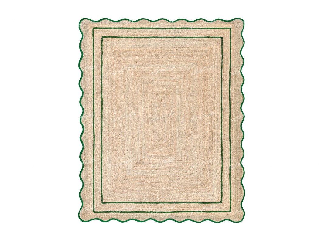 Wave Edge Rug Scallop Wavy Jute Rug Green Natural Jute Wave Edge Rug, Scalloped Shape ...