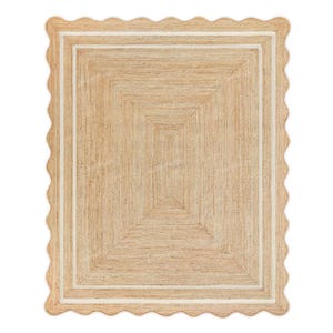 May include: A natural fiber rug with a white border and a scalloped edge. The rug has a woven pattern and is made of jute.