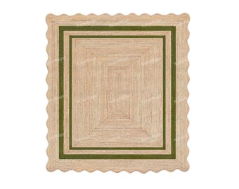 Könnte beinhalten: Ein quadratischer Jute-Teppich mit einem gewellten Rand und einem doppelten grünen Rand.