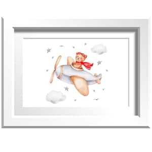 May include: A framed watercolor print features a teddy bear in a vintage airplane. The bear wears a red scarf and goggles. The background includes clouds, stars, and birds. The airplane is light gray and tan.