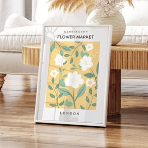 London Flower Market Print, grüne Wandkunst, London Blumenmarkt, gelber Druck, gelbes Wanddekor, Plakat, moderne Kunst, Ausstellungsplakat, A3, A4, A2