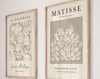 Taupe Beige & Cream Botanical Prints: Set of 2 | Neutral William Morris Living Room Art | Mid-Century Modern Henri Matisse Bedroom Art