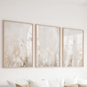 Set of 3: Cream Abstract Minimal Wildflower Prints | Off-White Living Room Wall Prints | Neutral Beige Bedroom Art | Muted Cream Wall Decor