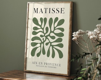 Forest Green & Cream: Henri Matisse Leaf Print | Dark Green Minimal Bedroom Wall Print | Neutral Living Room Museum Exhibition Art