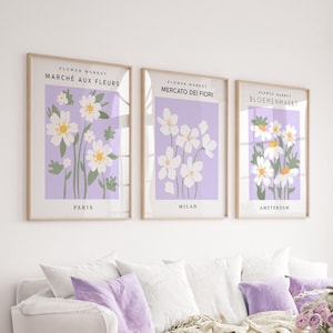 Lila Blumendrucke, 3er-Set, Mailänder Blumenmarkt, hellviolette Drucke, Lila Wandkunst, Pastellwanddekor, Wohnzimmerkunst, Pariser Schlafzimmerkunst