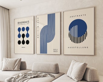 Navy Abstract Prints, Set of 3, Bauhaus Wall Art, Navy Wall Decor, Blue Wall Art, Retro Wall Art, Neutral Wall Art, Blue Prints, Navy Decor