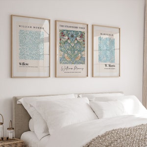 William Morris Prints, Set of 3, Teal Wall Art, Teal Prints, Teal Blue, Cream Wall Art, Botanical Wall Art, Neutral Wall Decor, Blue Prints
