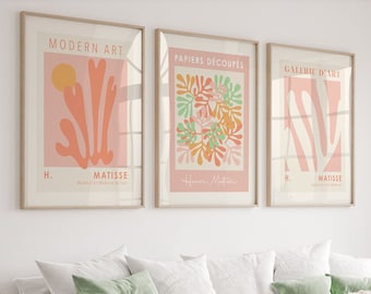 Bunter Matisse 3er Set, Pastell Wandkunst, Henri Matisse, rosa Drucke, Galerie Wandkunst, Pastelldrucke, Ausstellungsposter Set, A4 A3 A2 A1