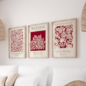 3 Burgundy Prints, Wine Wall Art, Modern Art, William Morris, Matisse Print, Floral Wall Art, Burgundy Wall Decor, Living Room