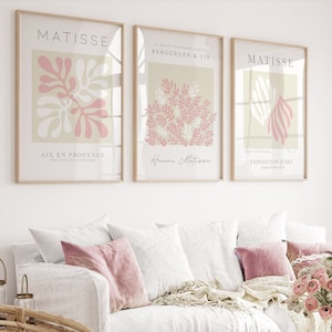 Impressions Matisse rose poudré, lot de 3, oeuvres d'art murales roses, affiches Matisse, art mural pastel, oeuvres d'art pour le salon, impressions roses pour chambre à coucher, décoration murale neutre