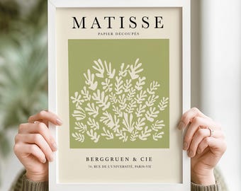 Olive Green & Cream Henri Matisse Print | Modern Olive Botanical Wall Art | Beige Living Room Art | Olive Green Trendy Bedroom Art Print