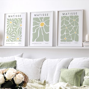 Sage Green Daisy Prints. 3 Set, Green Matisse Prints, Sage Wall Art, Floral Wall Art, Pastel Wall Decor, Living Room Art, 3 Bedroom Posters