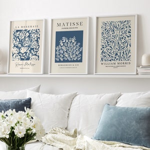 French Navy Prints, Set of 3, Matisse, William Morris, Navy Wall Decor, Blue Wall Art, Botanical Wall Art, Neutral Wall Art, Blue Prints