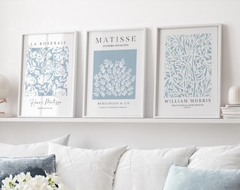 Blue Matisse Prints, Set of 3, Matisse, William Morris, Duck Egg Blue, Blue Wall Art, Botanical Wall Art, Neutral Wall Decor, Blue Prints