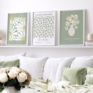 Sage Green Daisy Prints. 3 Set, Green Matisse Prints, Sage Wall Art, Floral Wall Art, Pastel Wall Decor, Living Room Art, 3 Bedroom Posters