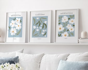 Duck Egg Blue, Set of 3, Flower Market Prints, Duck Egg Blue, Blue Wall Art, Living Room Art, Neutral Wall Decor, Blue Prints, Boho Prints