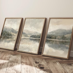 Conjunto de 3: Láminas impresionistas de pared con un apacible paisaje campestre en un lago / Decoración de sala de estar en tonos salvia / Decoración de cocina en tonos neutros / Decoración de pared para dormitorio en verde oscuro
