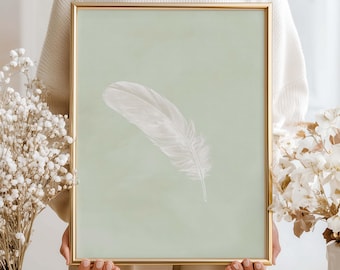Soft Green Organic Modern Feather Print | Sage Hallway Wall Art | Neutral Dining Room Decor