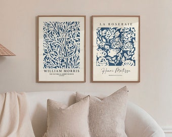Französische Marinedrucke, 2er-Set, Henri Matisse, William Morris, Marinedrucke, blaue Wandkunst, Marine-Wandkunst, neutrale Wanddekoration, Wohnzimmerkunst