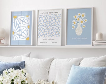 Blue Daisy Prints. Set of 3, Henri Matisse, Blue Prints, Blue Wall Art, Floral Wall Art, Pastel Wall Decor, Living Room Art, Bedroom Posters