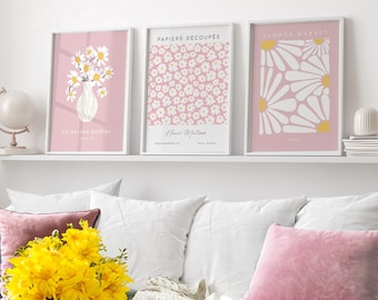 Pink Daisy Prints, Set of 3, Pink Wall Art, Matisse Poster, Floral Wall Art, Pastel Decor, Living Room Art, Prints for Bedroom, Blush Pink
