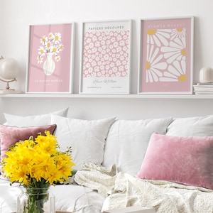 Lot de 3 estampes marguerites roses, oeuvre d'art murale rose, affiche Matisse, oeuvre d'art murale florale, décoration pastel, oeuvre d'art pour le salon, impressions pour chambre à coucher, rose poudré
