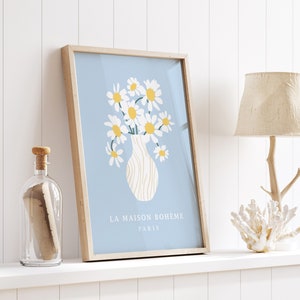 Blauer Gänseblümchen Druck, Blaue Wandkunst, Blauer Druck, Pastell Wandkunst, Neutrale Wanddekoration, Wohnzimmer Kunst, Badezimmer Druck, Pastell Schlafzimmer Druck