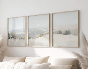 Conjunto de 3 gravuras encantadoras do campo: arte de parede em tons suaves de creme e bege para sala de estar.