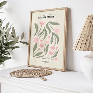 Marché aux fleurs de Londres, oeuvre d'art murale rose, impression marché aux fleurs, décoration murale rose poudré, oeuvre d'art pour le salon, art moderne, impression vert sauge, art de la chambre à coucher