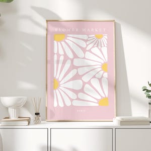 Estampado de margaritas de París, arte mural rosa, estampado rosa, arte de mercado de flores, decoración de pared rosa, arte para sala de estar, estampado con margaritas, rosa pastel, dormitorio