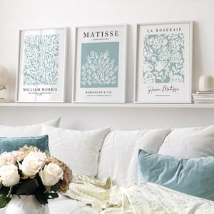 Teal Wall Art Set of 3, Henri Matisse, William Morris, Teal Blue Prints, Turquoise Wall Art, Botanical Wall Art, Teal Blue Wall Decor