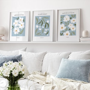 Duck Egg blauwe, groene en witte bloemenmarktkunstprints: set van 3 | Moderne prints uit het midden van de eeuw voor woonkamer | Blauwe muurkunst slaapkamer