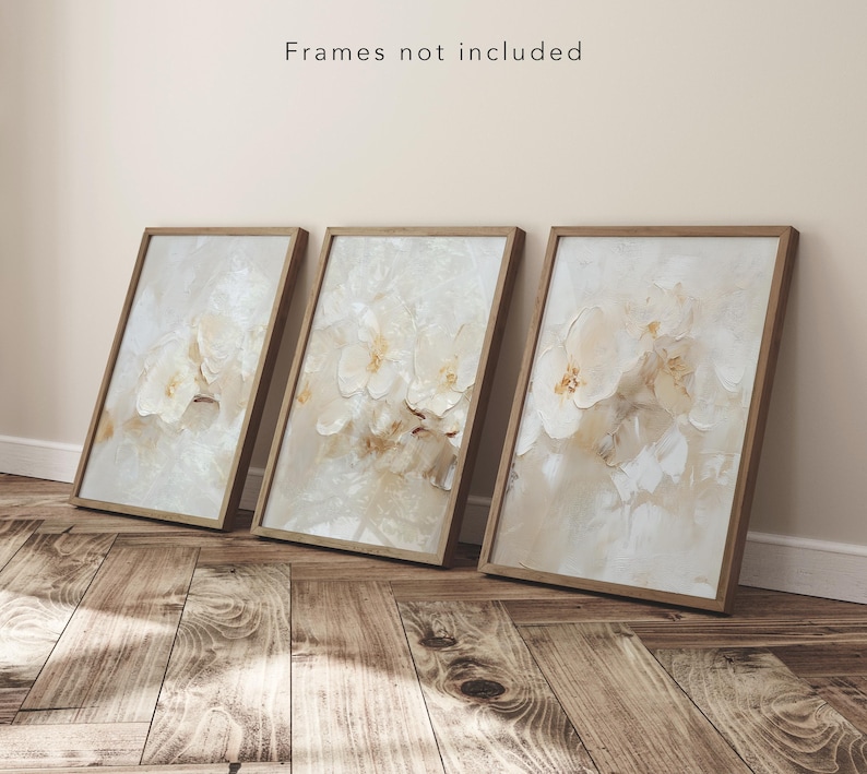 Set of 3: Neutral Cream Minimalist Flower Prints | 3 Off-white Living ...