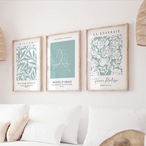 Teal Wall Art Set of 3, Henri Matisse, William Morris, Teal Blue Prints, Turquoise Wall Art, Botanical Wall Art, Teal Blue Wall Decor