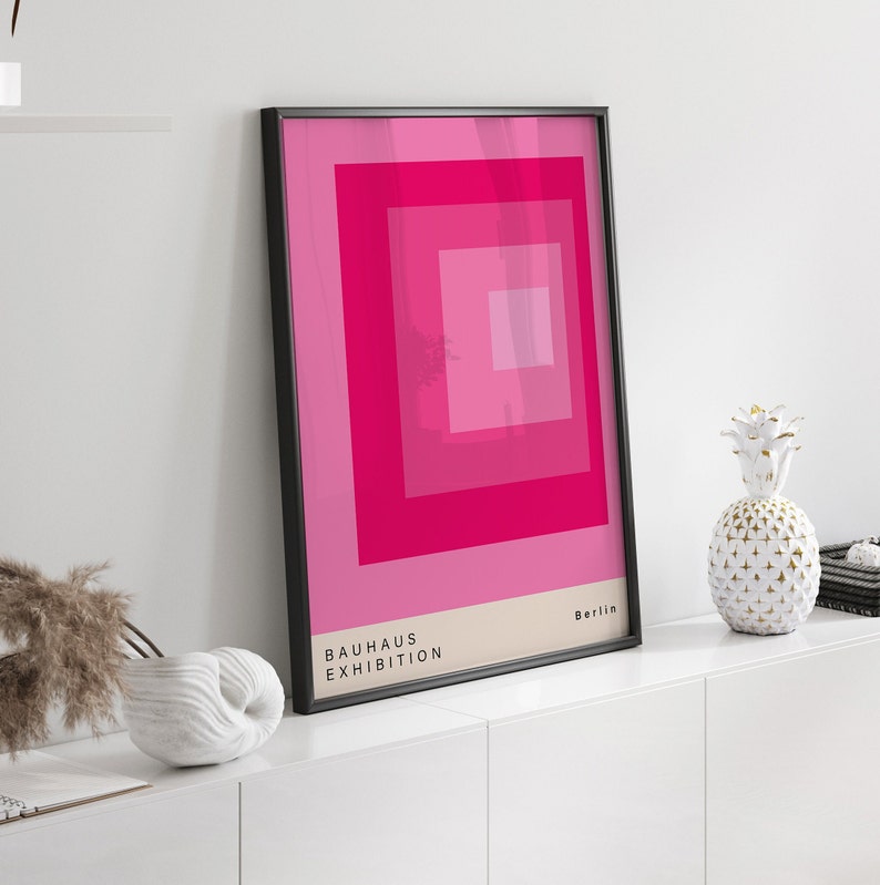 Fuchsia Pink Prints, Set of 3, Pink Wall Art, Bauhaus Prints, Colourful