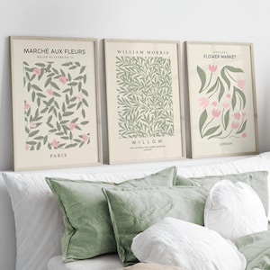 Impressions sauge et rose, lot de 3, art mural vert sauge, impression Matisse, rose et vert, art du marché aux fleurs de Paris, art du salon, décoration murale neutre