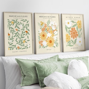 Bunter Blumenmarkt Prints, 3er Set, Florale Wandkunst, Grüne Drucke, Wohnzimmer Kunst, Gelbes Dekor, Ausstellungsposter, Orange Wandkunst