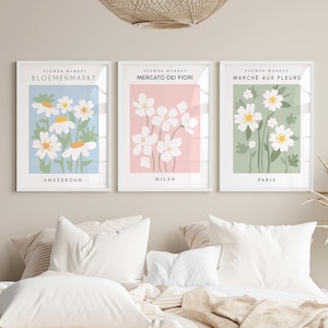 Impresiones en colores pastel, juego de 3, carteles del mercado de flores, arte mural en colores pastel, pastel danés, arte mural colorido, arte para la sala de estar, impresiones para el dormitorio