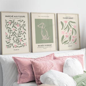 Salbei und Rosa Drucke, 3er-Set, Salbei Grün Wandkunst, Dackel Druck, Rosa und Grün, Paris Blumenmarkt Kunst, Wohnzimmer Kunst, Neutrale Wandkunst