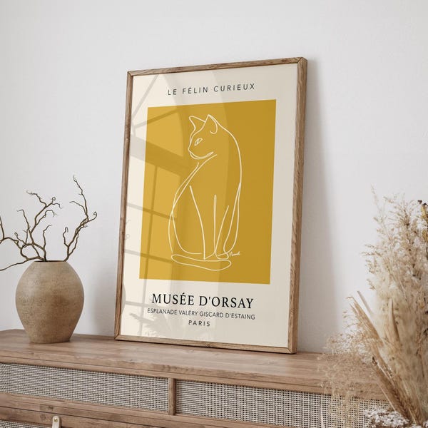 Mustard Cat Print, Neutral Art Poster, Dark Yellow Wall Art, Mustard Picasso Cat Print, Modern Living Room Art, Neutral Bedroom Decor