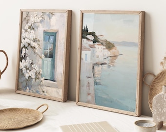 2er-Set: Griechische Küstenwanddrucke | Hellblaue Wohnzimmer Kunst | Neutral Küsten Dekor | Soft Blue Schlafzimmer Wandkunst | Gedämpftes Blau Decor