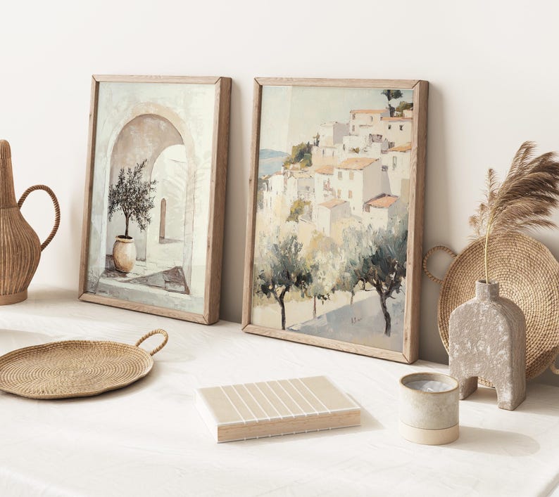 2er-Set, italienische Küsten-Wand-Kunstdrucke, hellcremefarbene Wohnzimmer-Kunst, neutrales Küstendekor, sanftbeige Schlafzimmer-Wandkunst, gedämpftes beiges Dekor Bild 1